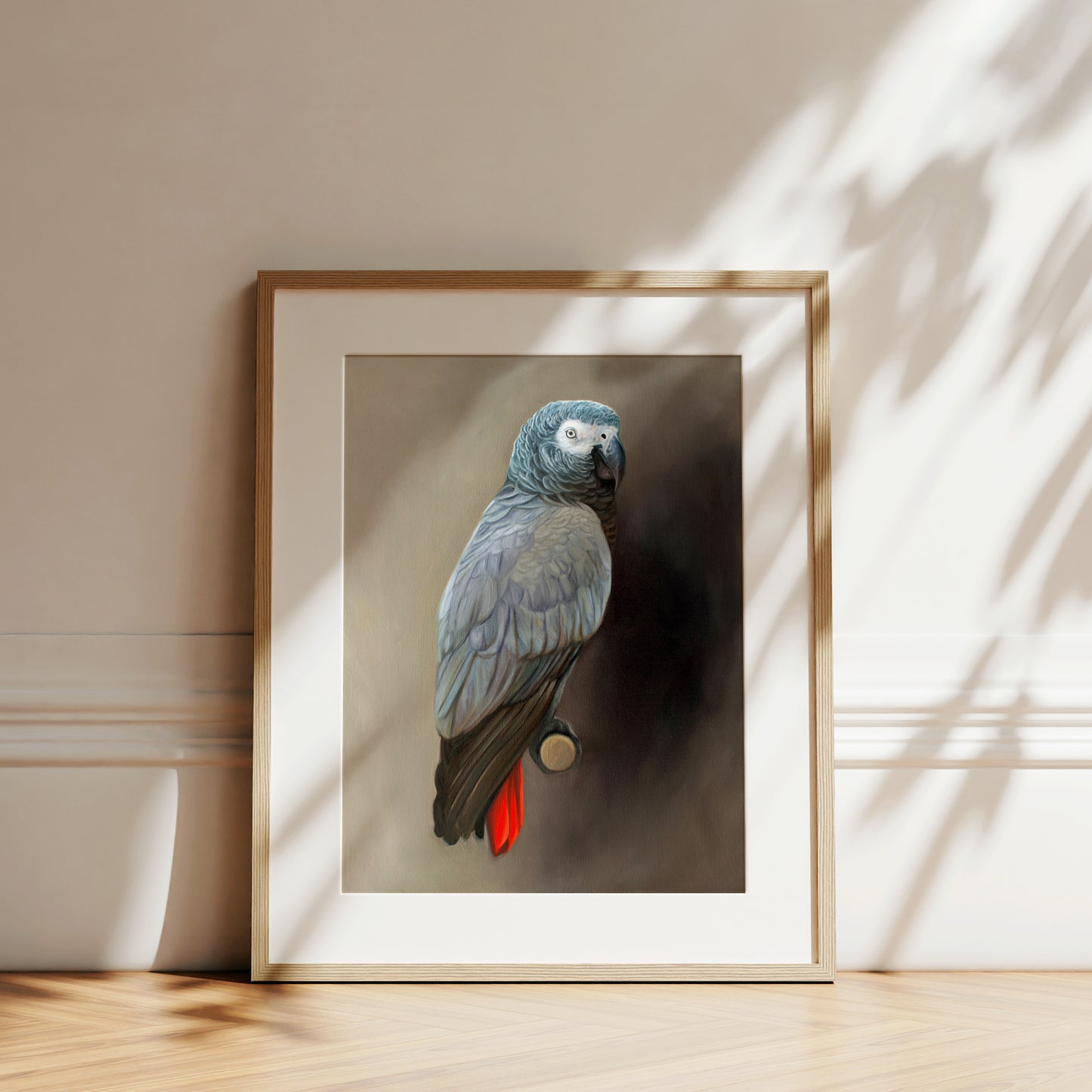 This artwork features a Congo African Grey Parrot perched adjacent to a dark grey wall with dramatic side lighting.