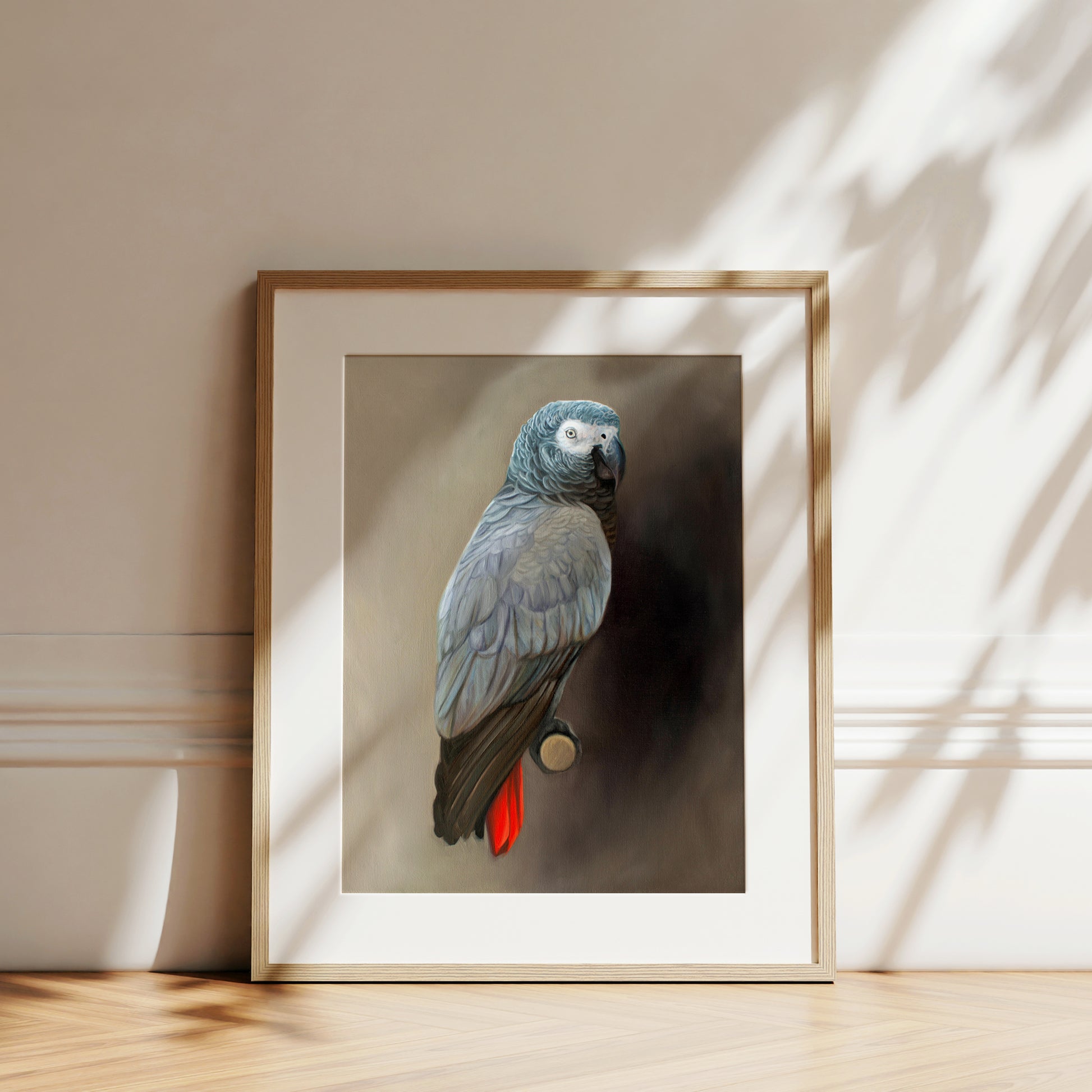 This artwork features a Congo African Grey Parrot perched adjacent to a dark grey wall with dramatic side lighting.