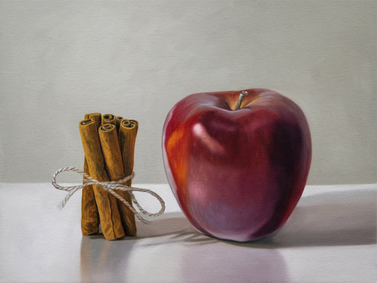 This artwork features a bundle of cinnamon sticks standing next to a red delicious apple with a neutral, minimalistic backdrop.