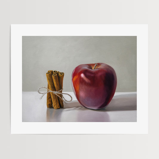 This artwork features a bundle of cinnamon sticks standing next to a red delicious apple with a neutral, minimalistic backdrop.