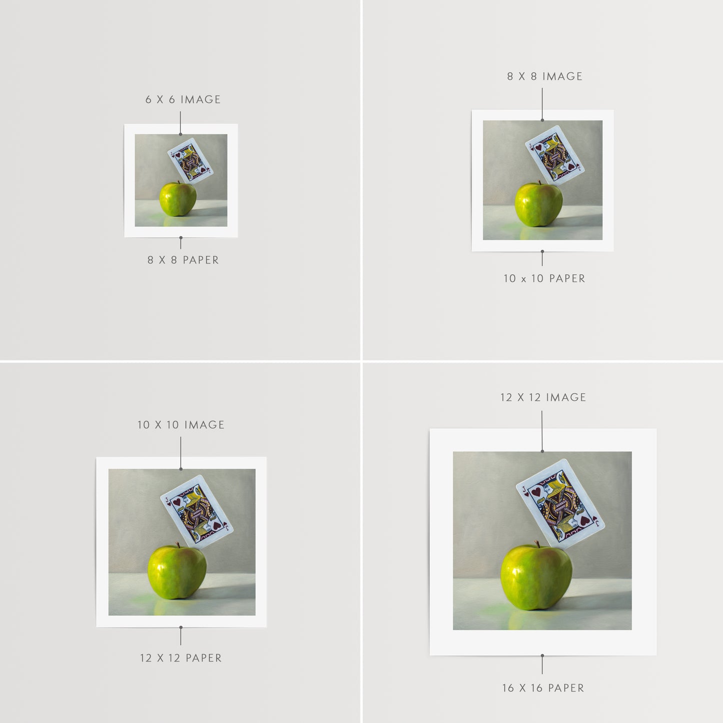 This artwork features a pun on the word ‘Applejack’. A Jack of Hearts playing card is embedded in the upper right corner of a bright green granny smith apple.