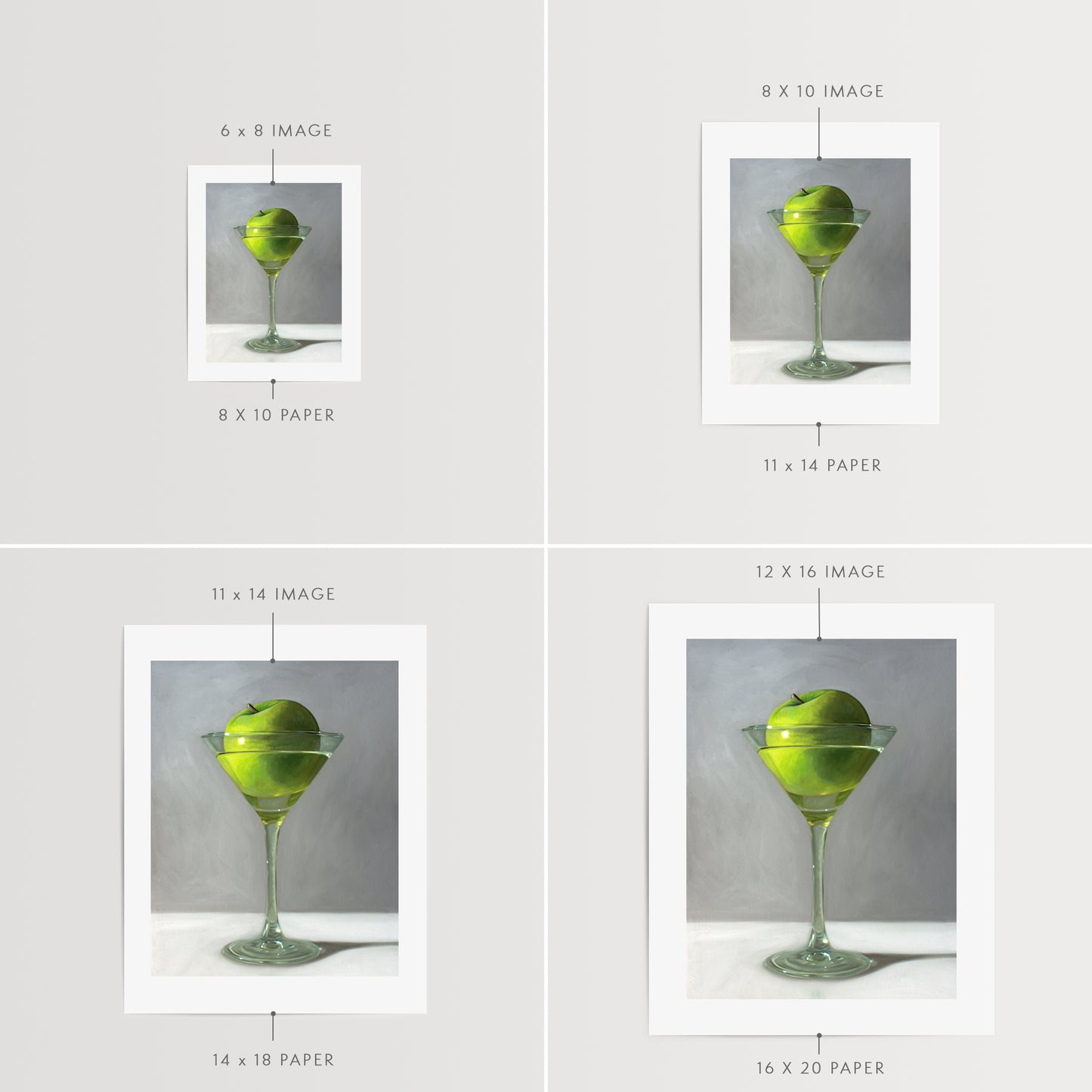 This artwork features a whimsical take on the traditional Apple Martini cocktail. A single granny smith apple rests inside a martini glass on a light, reflective surface with dramatic light and shadows.
