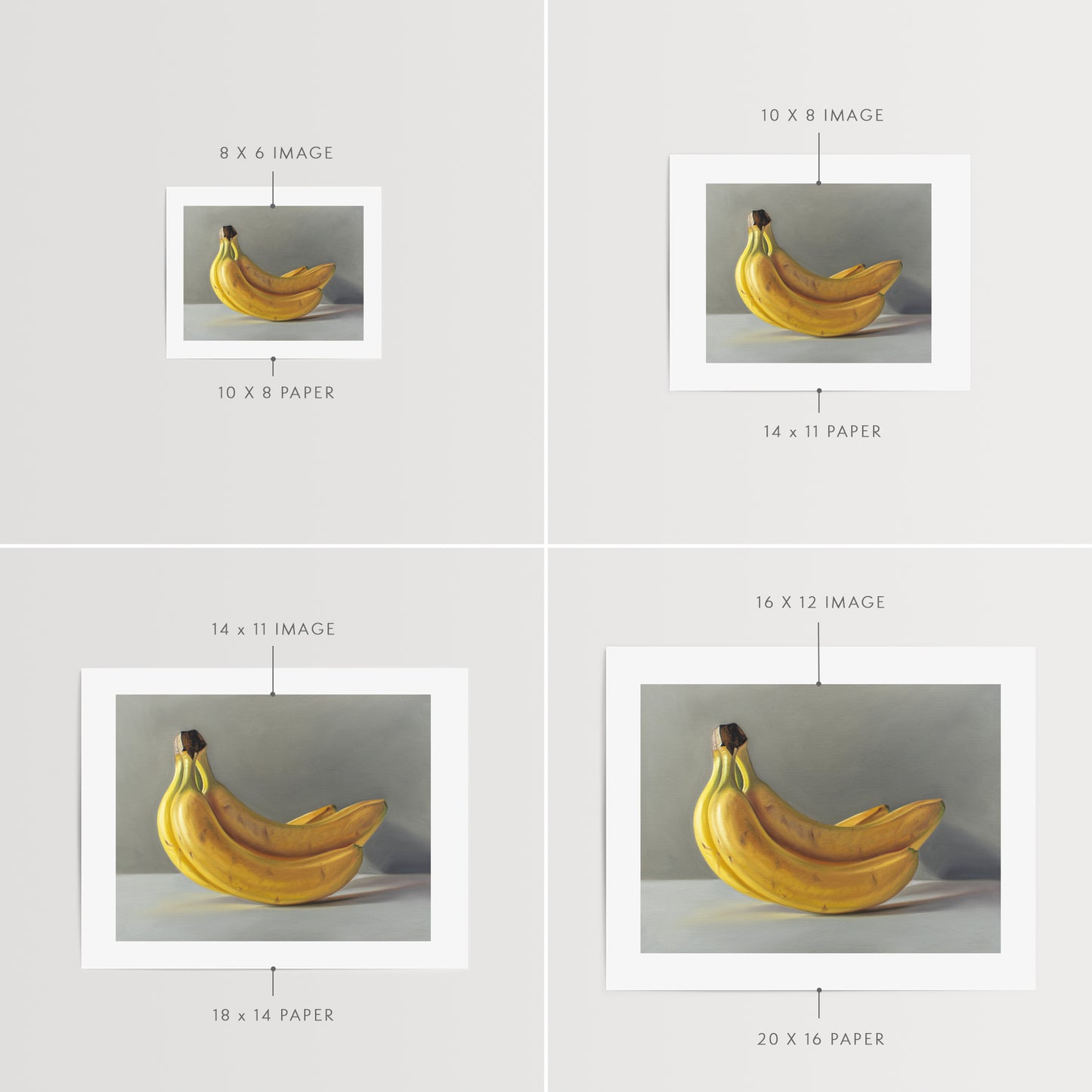 This artwork features a bunch of bananas resting on a light surface.