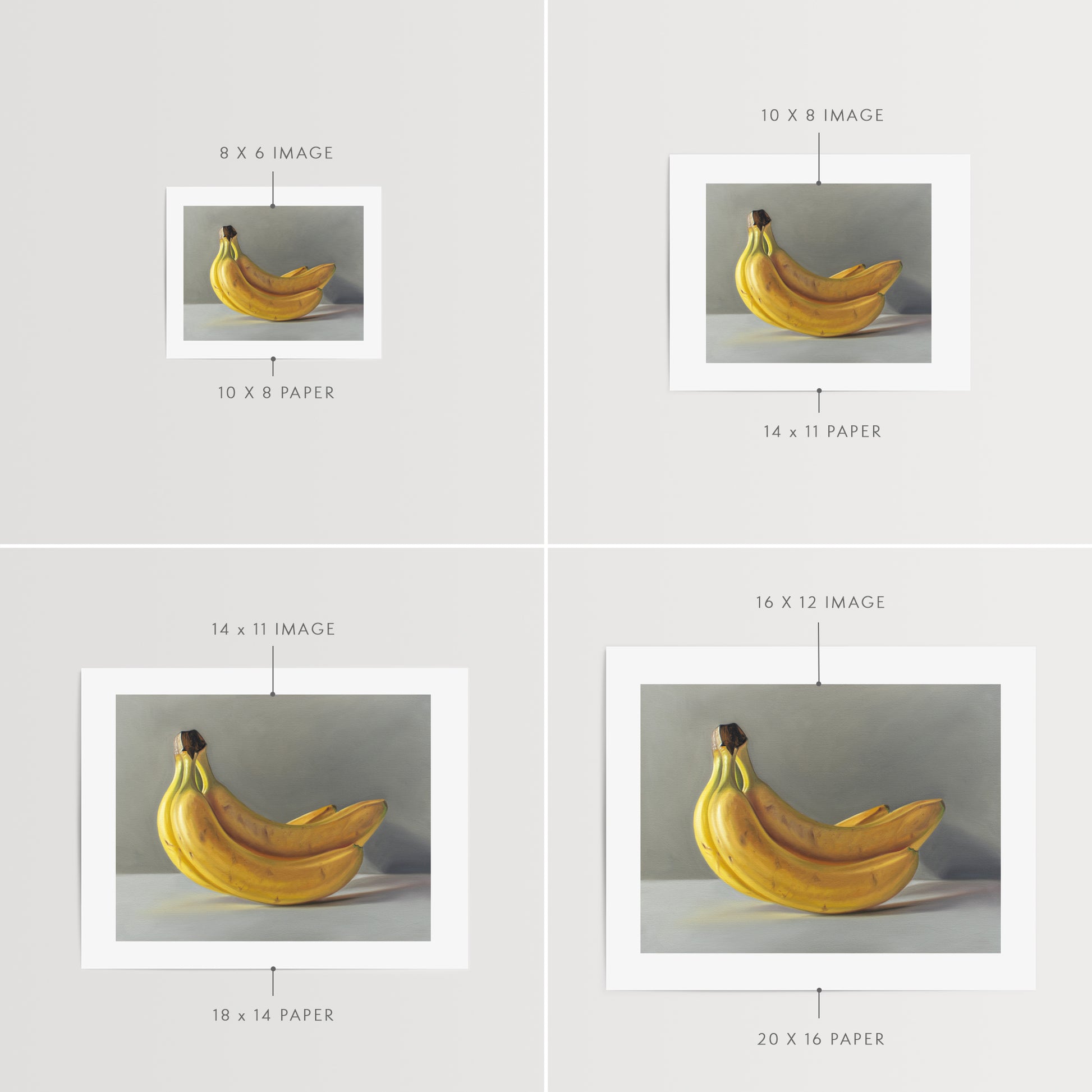 This artwork features a bunch of bananas resting on a light surface.