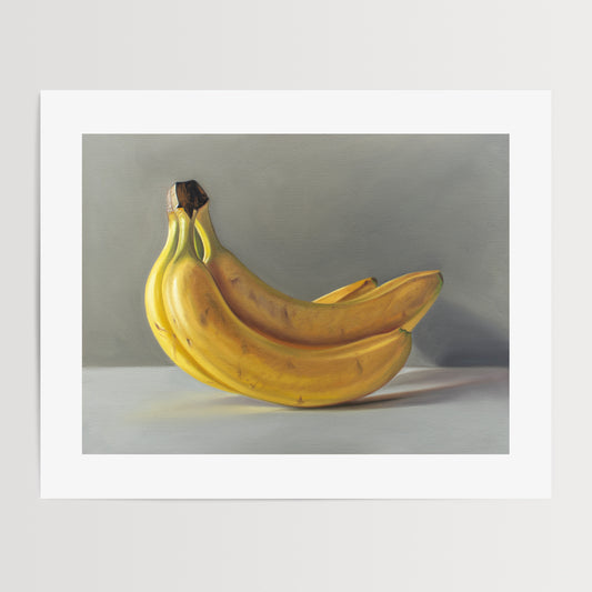 This artwork features a bunch of bananas resting on a light surface.