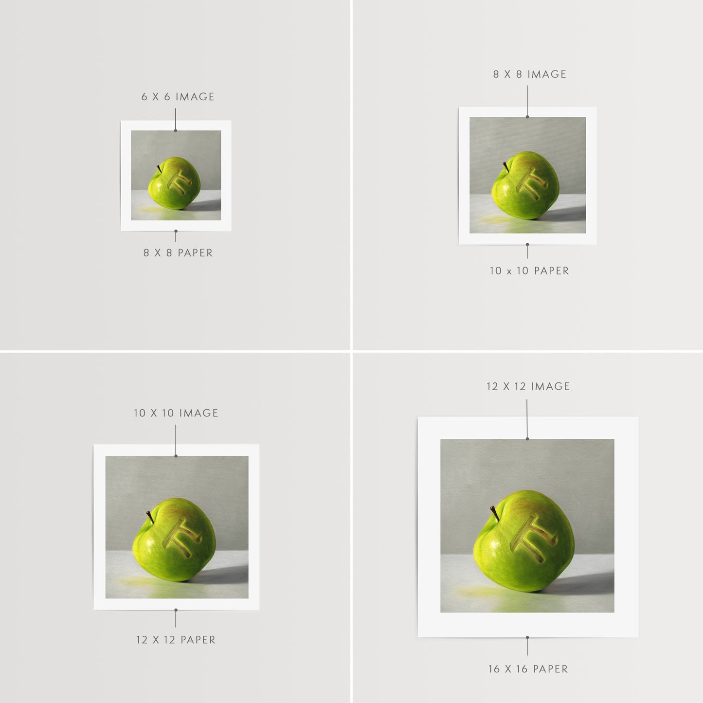 This artwork features a whimsical pun on apple pie. A numeric pi symbol is carved into the front of a granny smith apple.