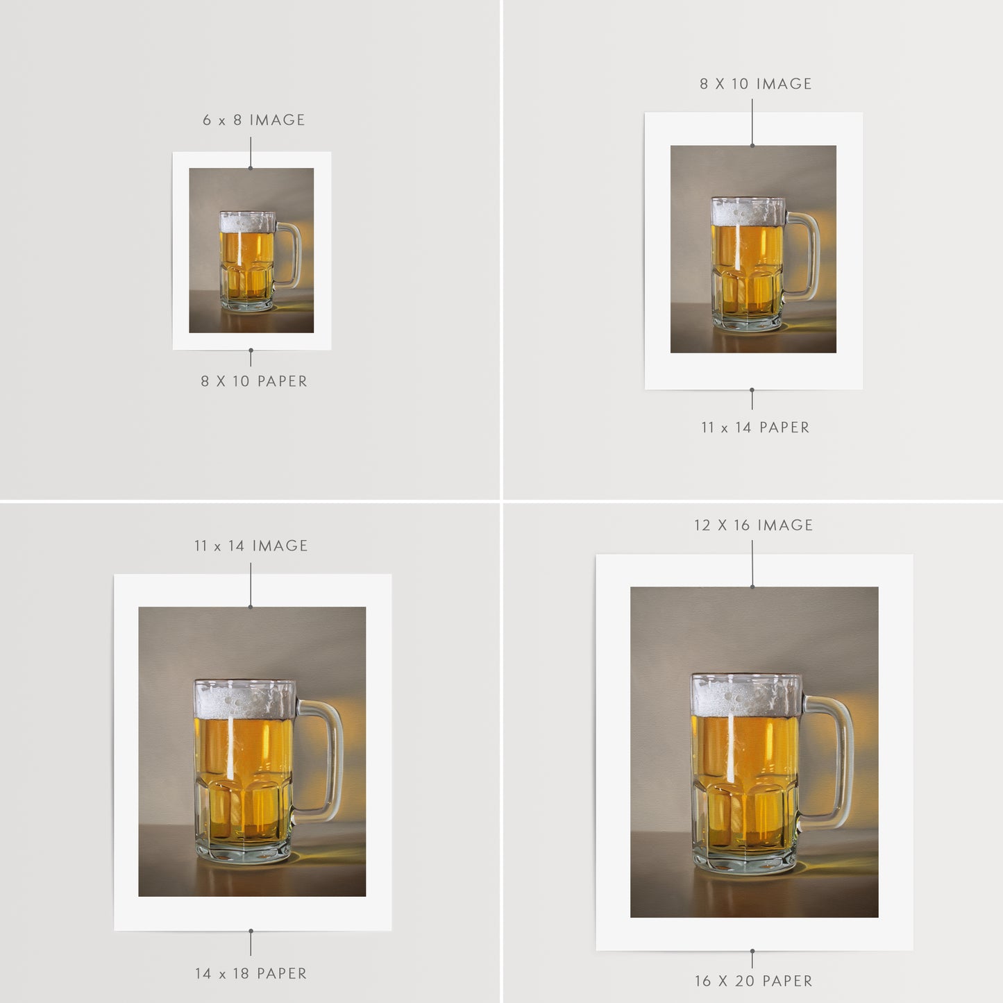 This artwork features a freshly poured beer in a glass mug with a nice bit of foam.