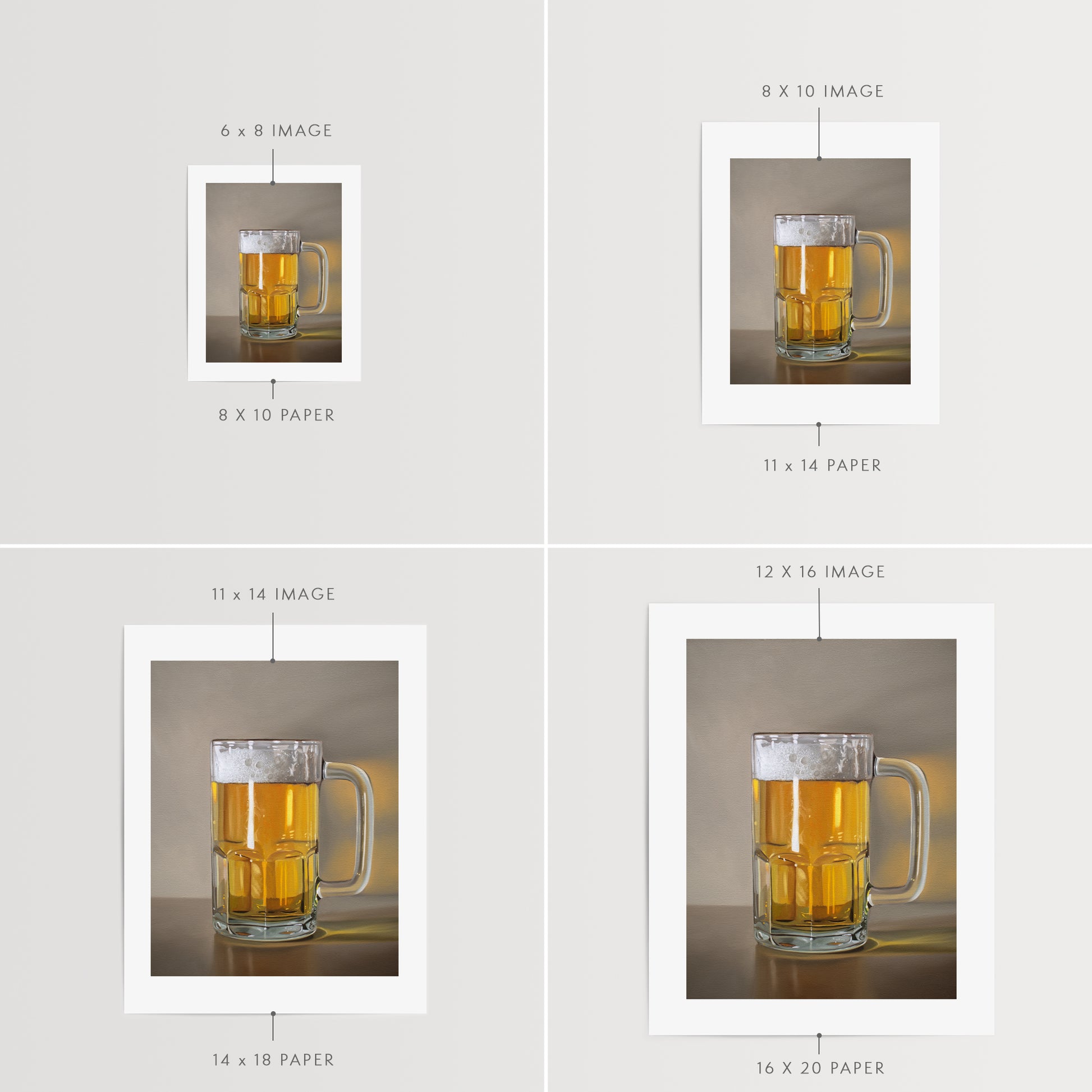 This artwork features a freshly poured beer in a glass mug with a nice bit of foam.