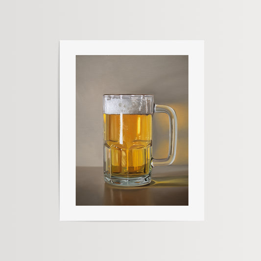 This artwork features a freshly poured beer in a glass mug with a nice bit of foam.