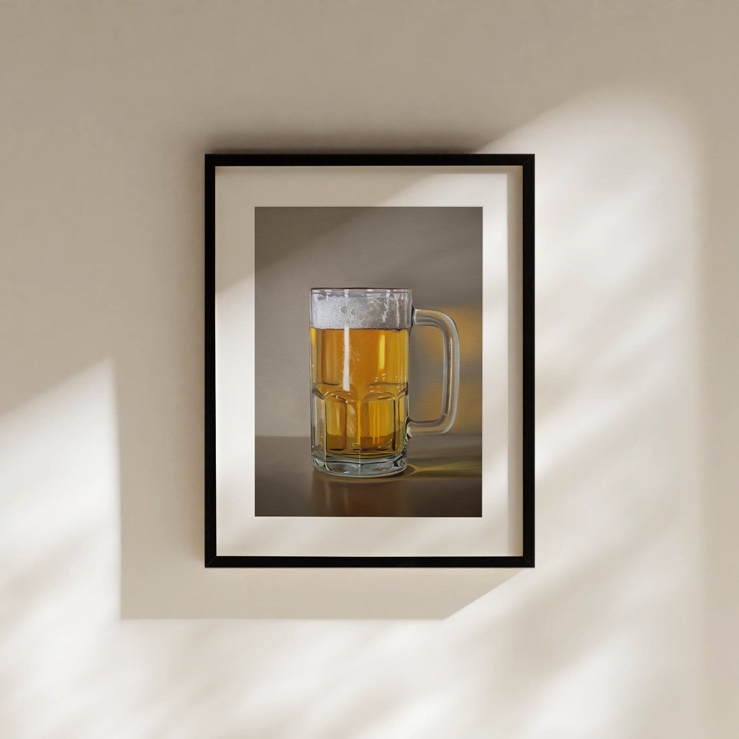 This artwork features a freshly poured beer in a glass mug with a nice bit of foam.