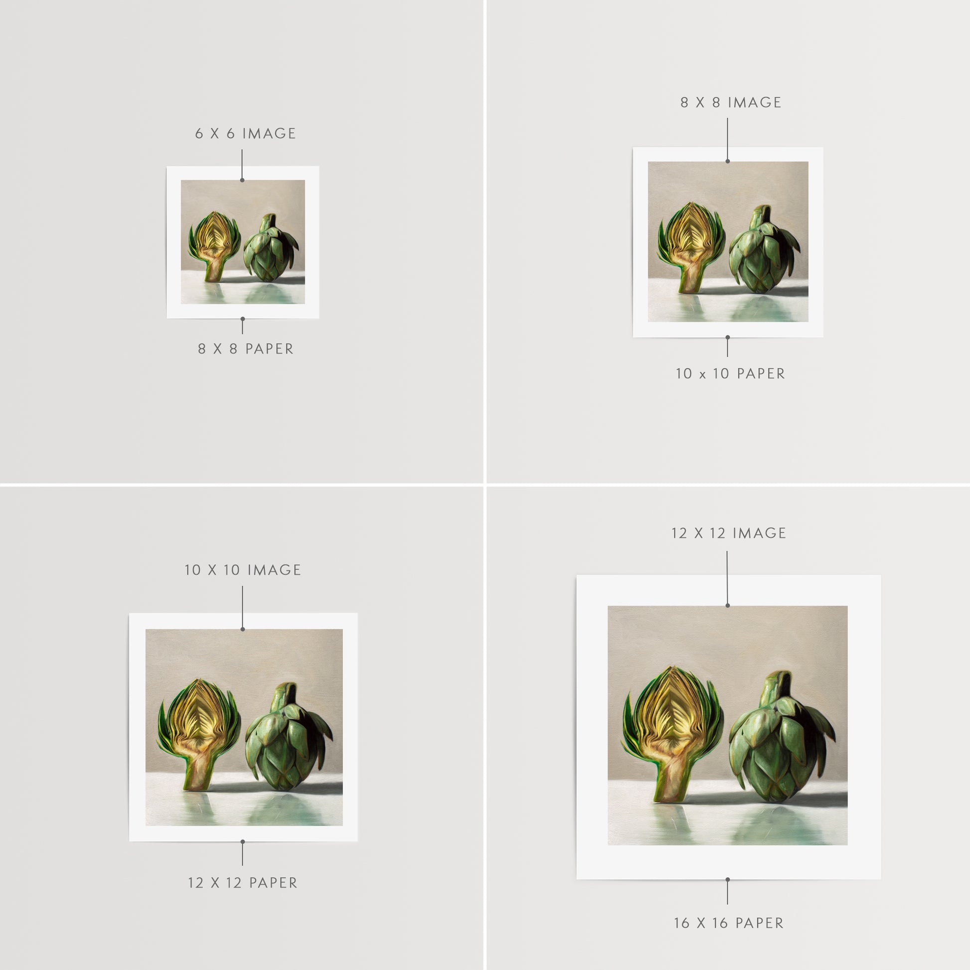 This artwork features an artichoke sliced in half an strategically placed on a light reflective surface.