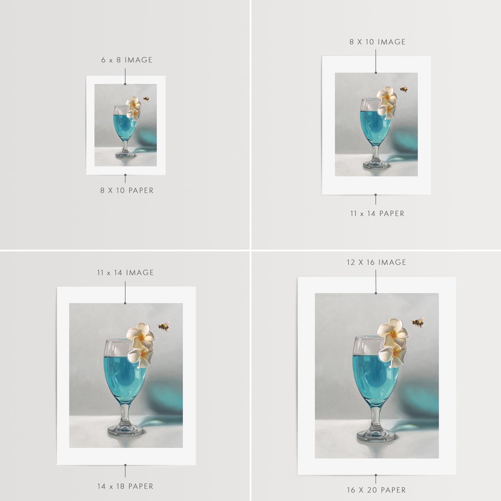 This artwork features a curious bumble bee inspecting a pair of plumeria blossoms that rest upon a tropical blue lagoon cocktail.