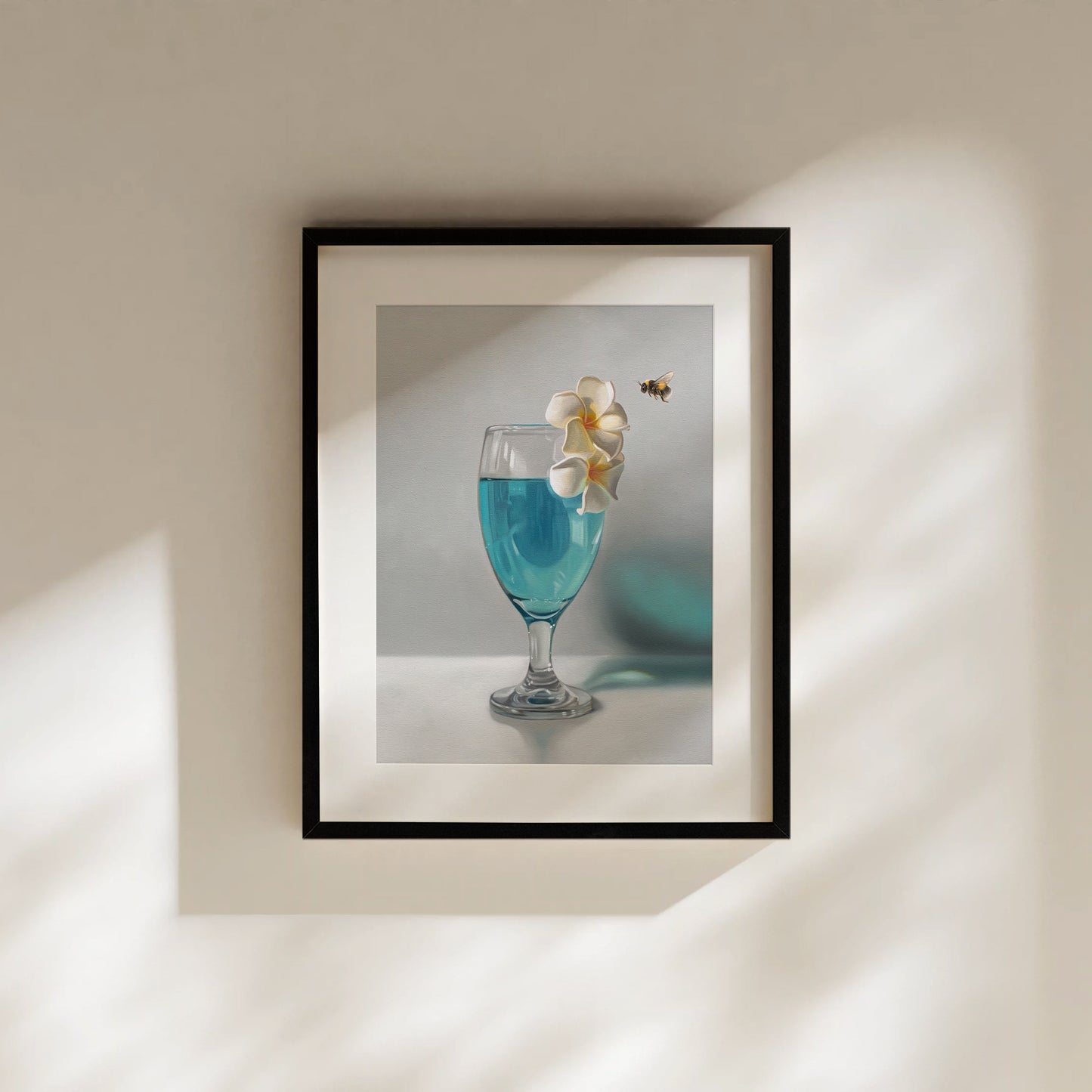 This artwork features a curious bumble bee inspecting a pair of plumeria blossoms that rest upon a tropical blue lagoon cocktail.
