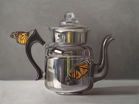 This artwork features a pair of monarch butterflies perched on a vintage reflective kettle.