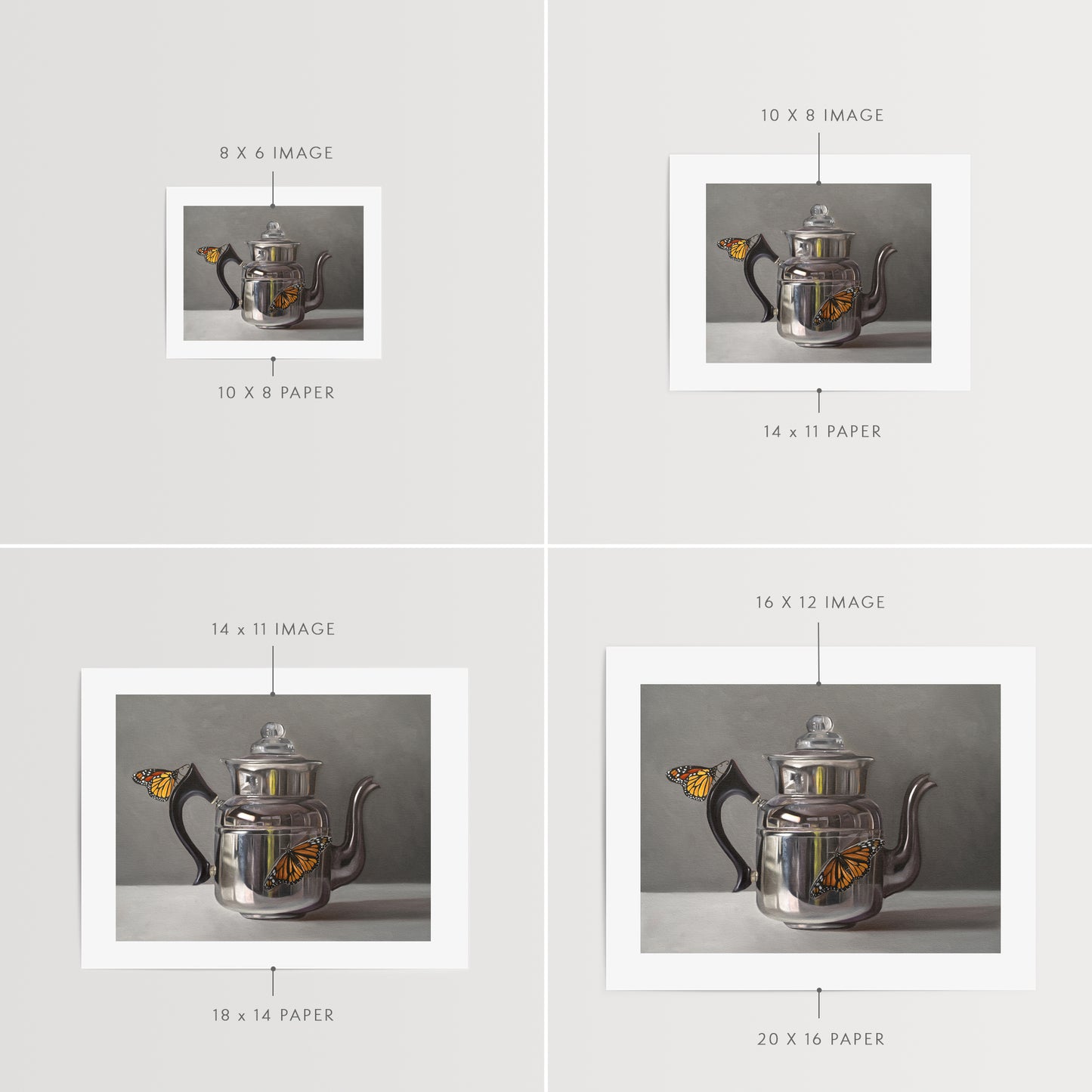 This artwork features a pair of monarch butterflies perched on a vintage reflective kettle.