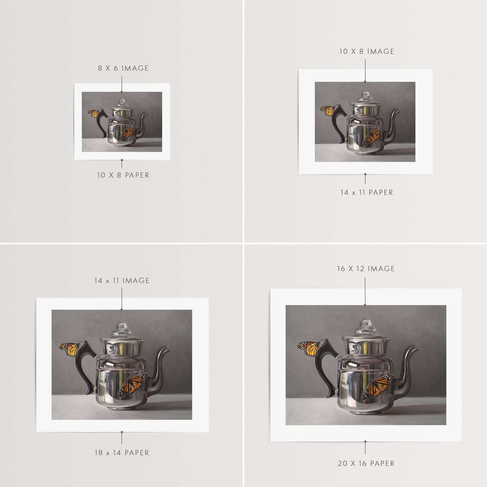This artwork features a pair of monarch butterflies perched on a vintage reflective kettle.