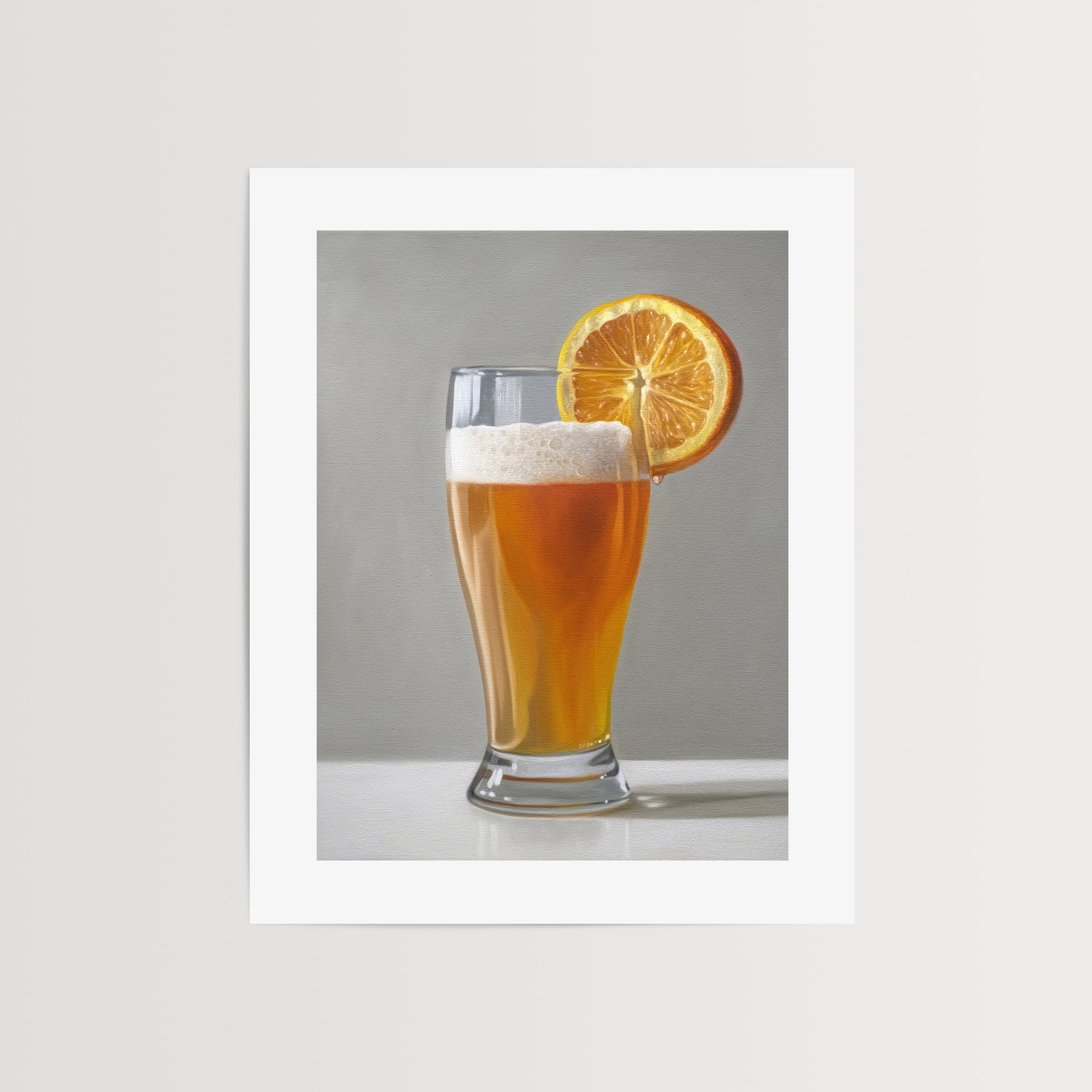 This artwork features a freshly poured Blue Moon beer in a glass with an orange slice and a nice bit of foam.