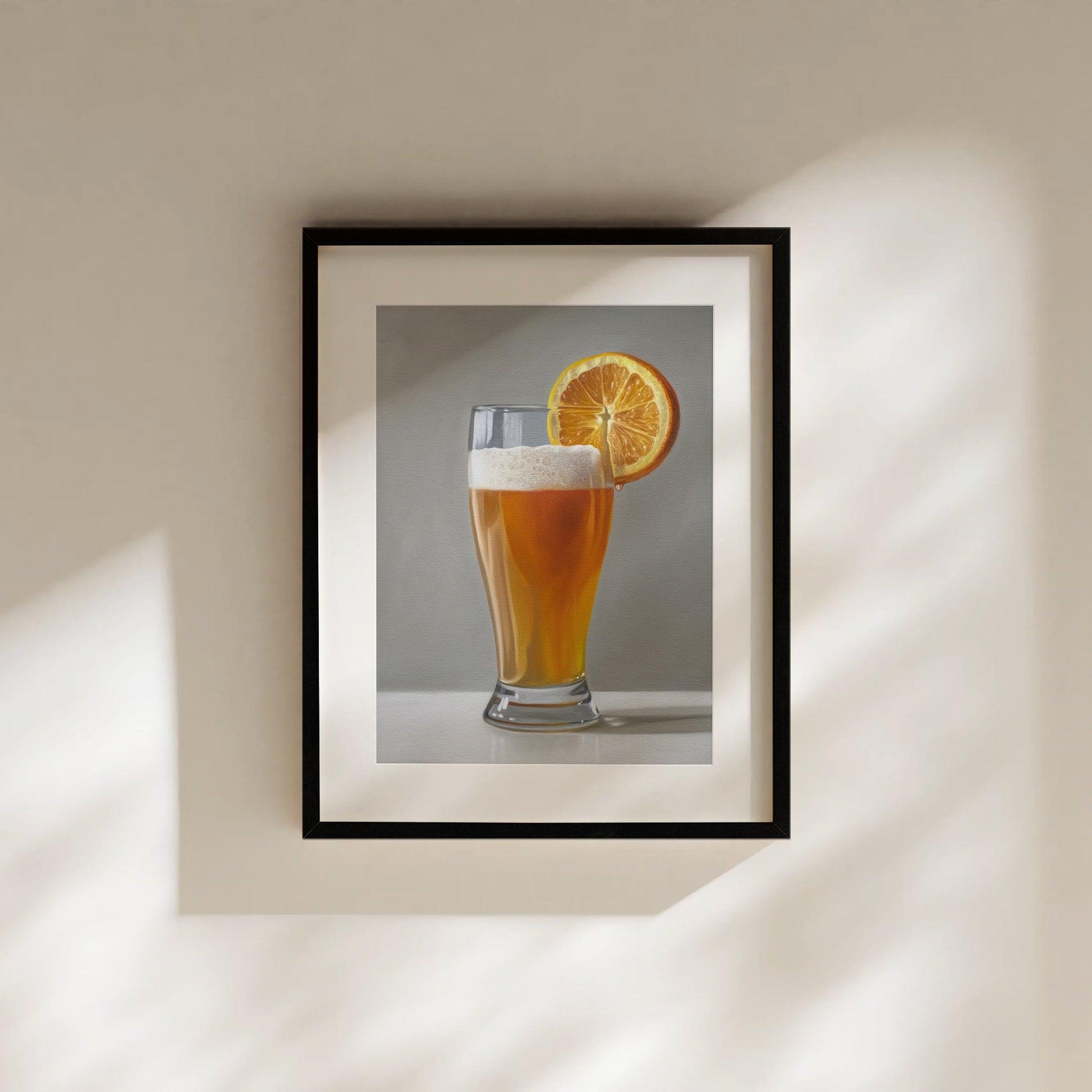 This artwork features a freshly poured Blue Moon beer in a glass with an orange slice and a nice bit of foam.