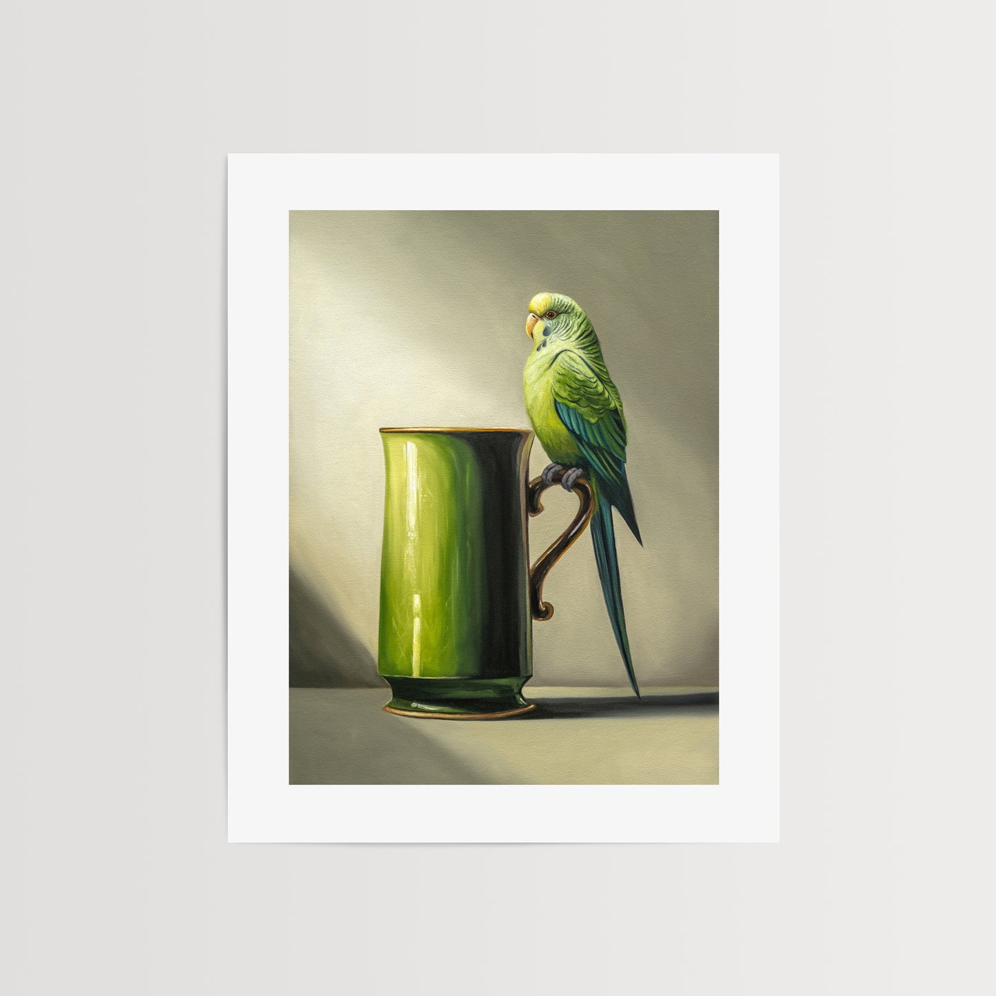 This artwork features a pair green Budgerigar perched on the handle of an ornate green mug.