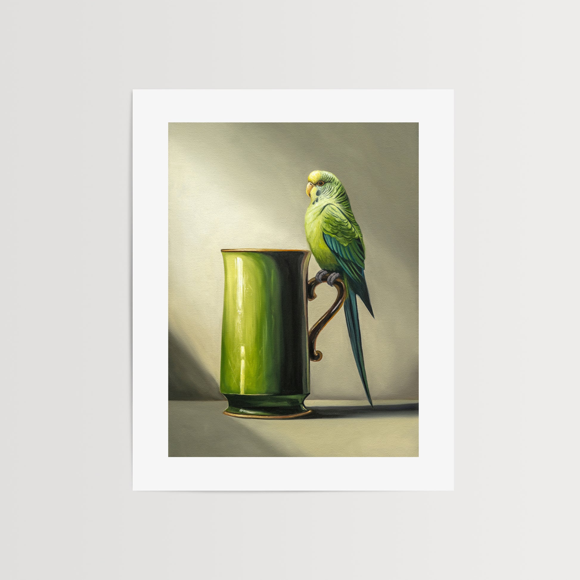 This artwork features a pair green Budgerigar perched on the handle of an ornate green mug.