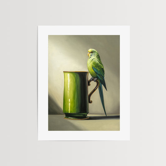 This artwork features a pair green Budgerigar perched on the handle of an ornate green mug.
