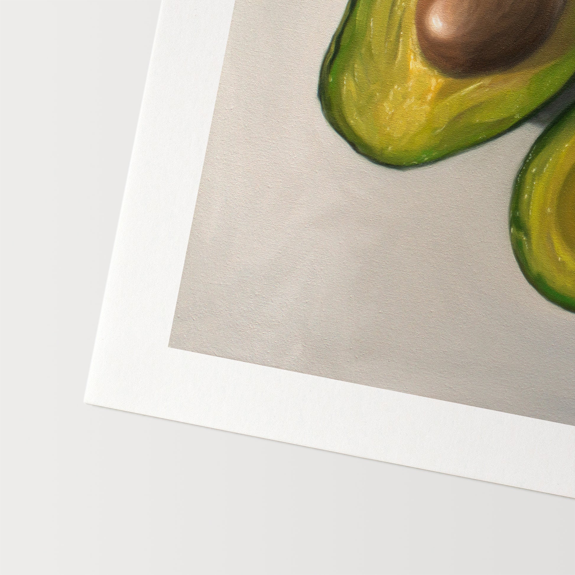 This artwork features a single avocado sliced in half and viewed from above on a light surface.
