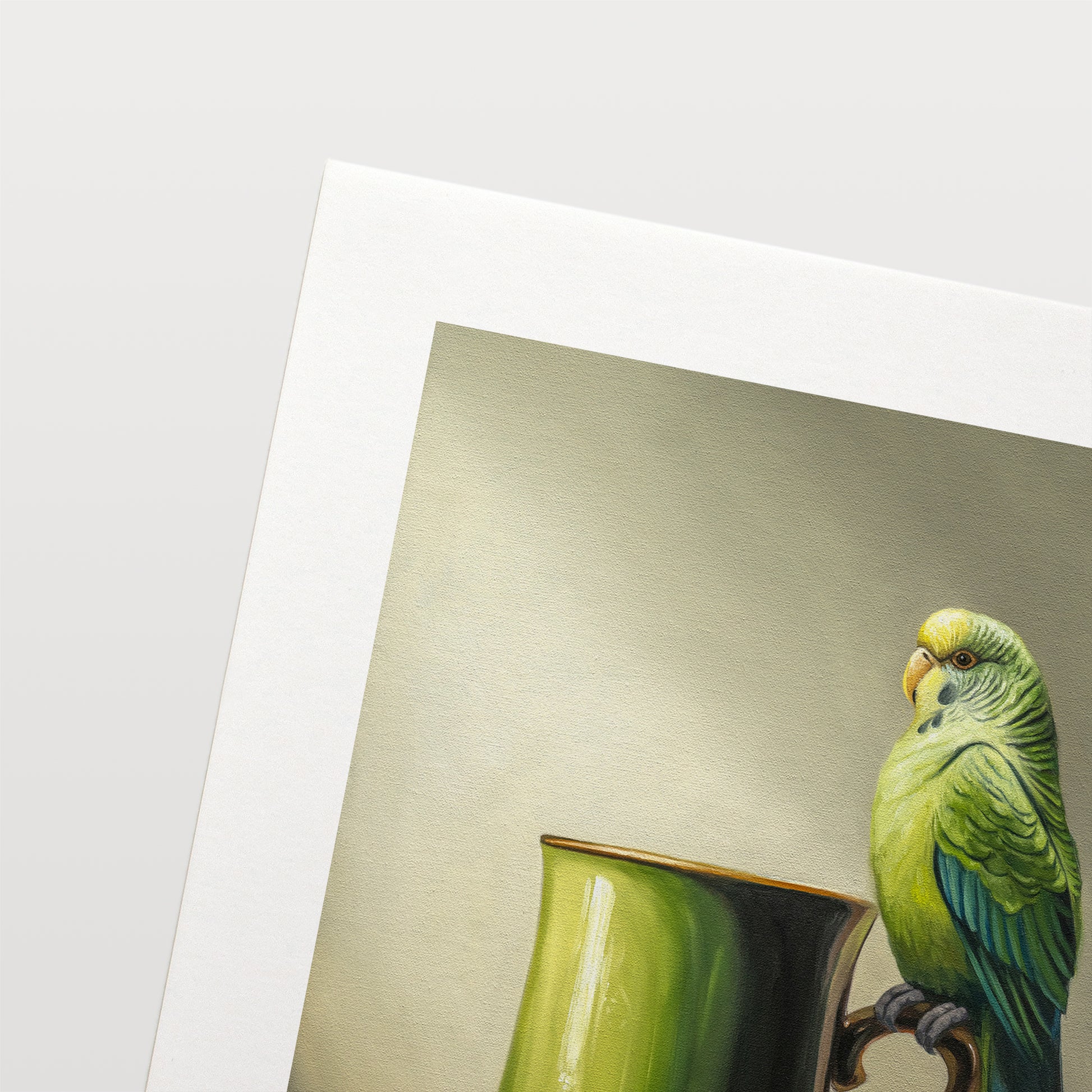 This artwork features a pair green Budgerigar perched on the handle of an ornate green mug.