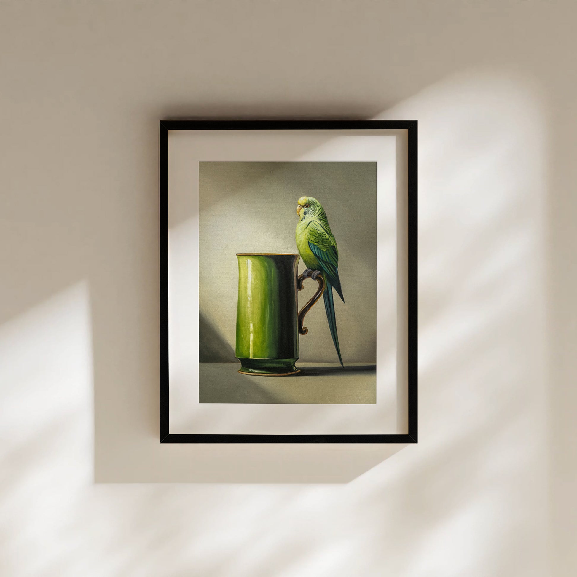 This artwork features a pair green Budgerigar perched on the handle of an ornate green mug.