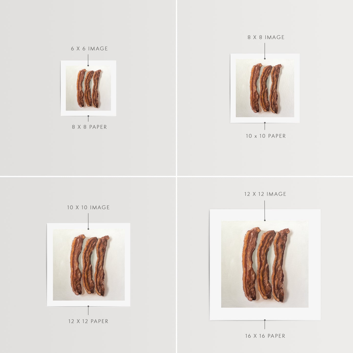 This artwork features a trio of freshly fried bacon strips.