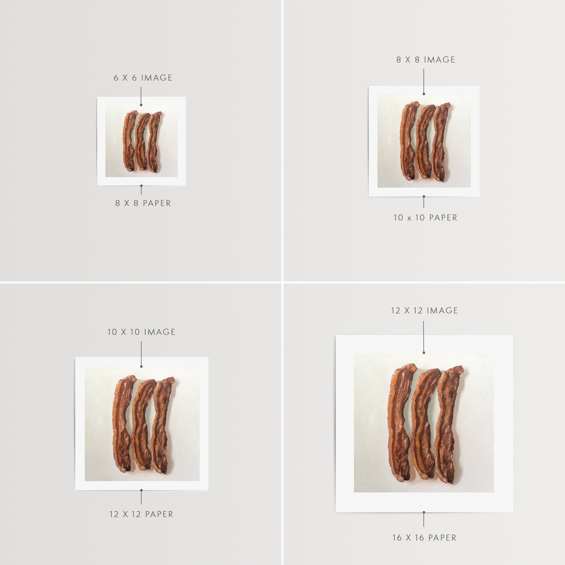 This artwork features a trio of freshly fried bacon strips.