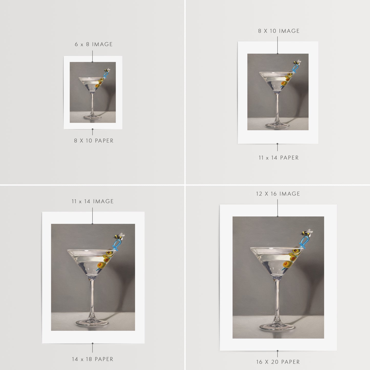 This artwork features a martini with a bumble bee perched on a blue plastic cocktail sword with a trio of green olives and a neutral, minimalistic backdrop.