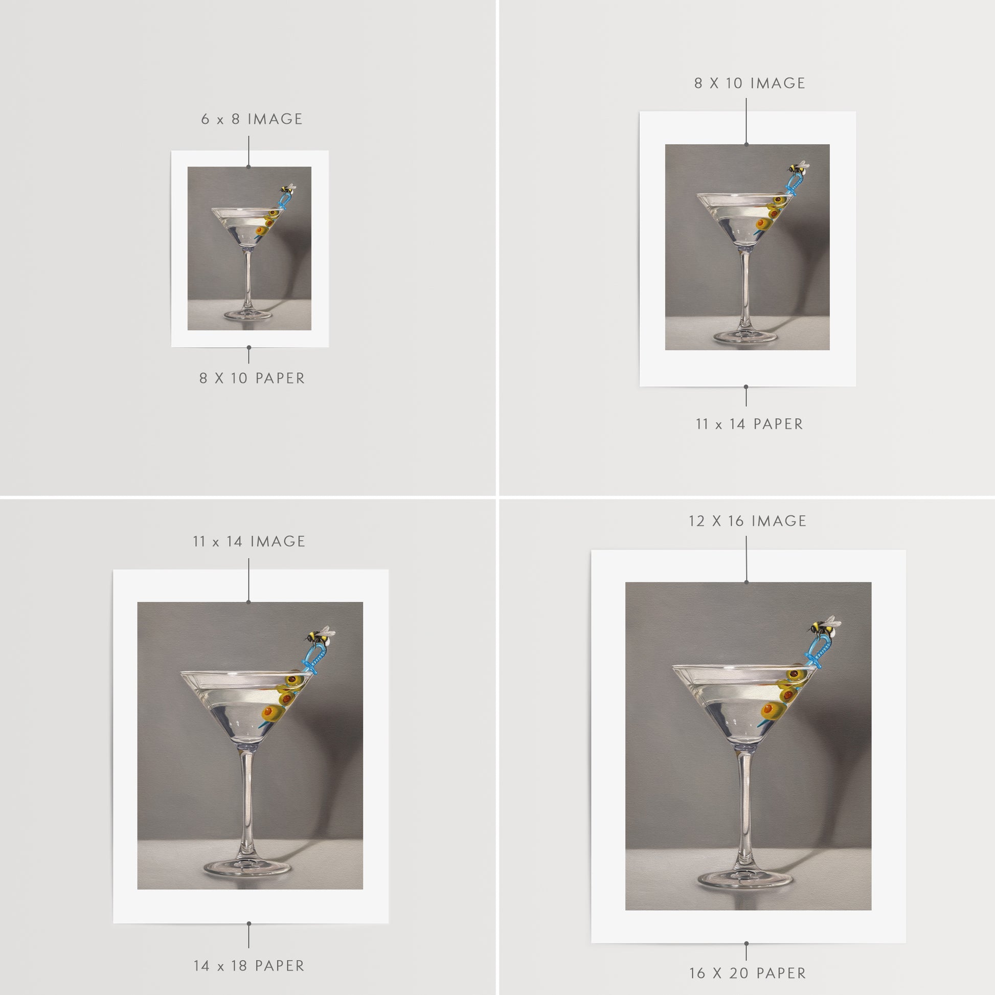 This artwork features a martini with a bumble bee perched on a blue plastic cocktail sword with a trio of green olives and a neutral, minimalistic backdrop.