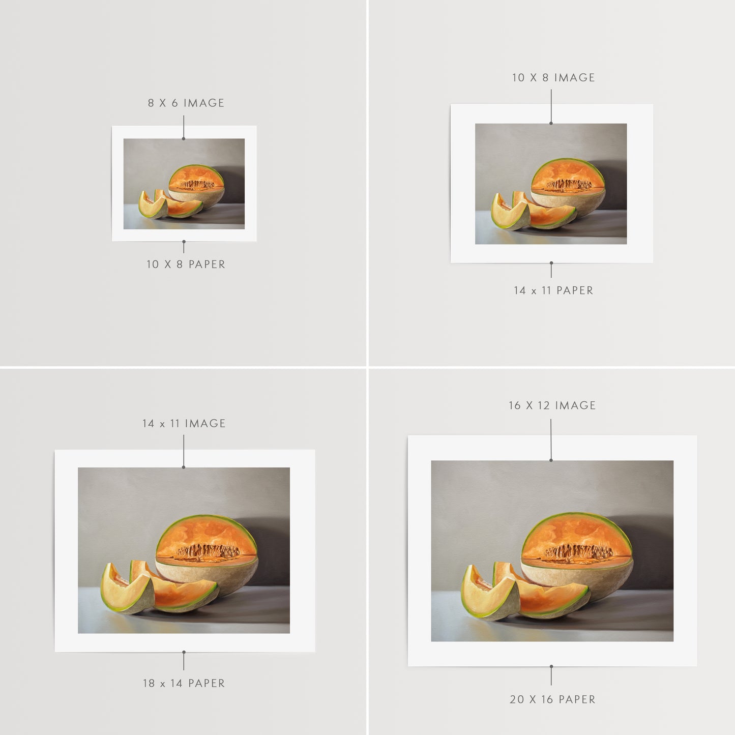 This artwork features a freshly sliced cantaloupe resting on a light grey surface with some nice dramatic lighting.