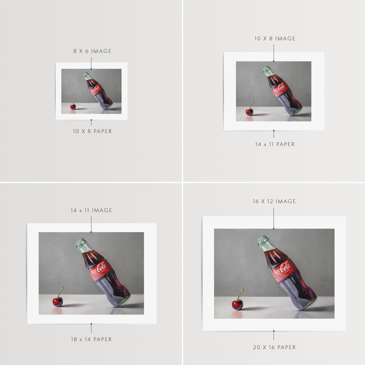 This artwork features a single cherry and glass bottle of coke seemingly getting to know one another.