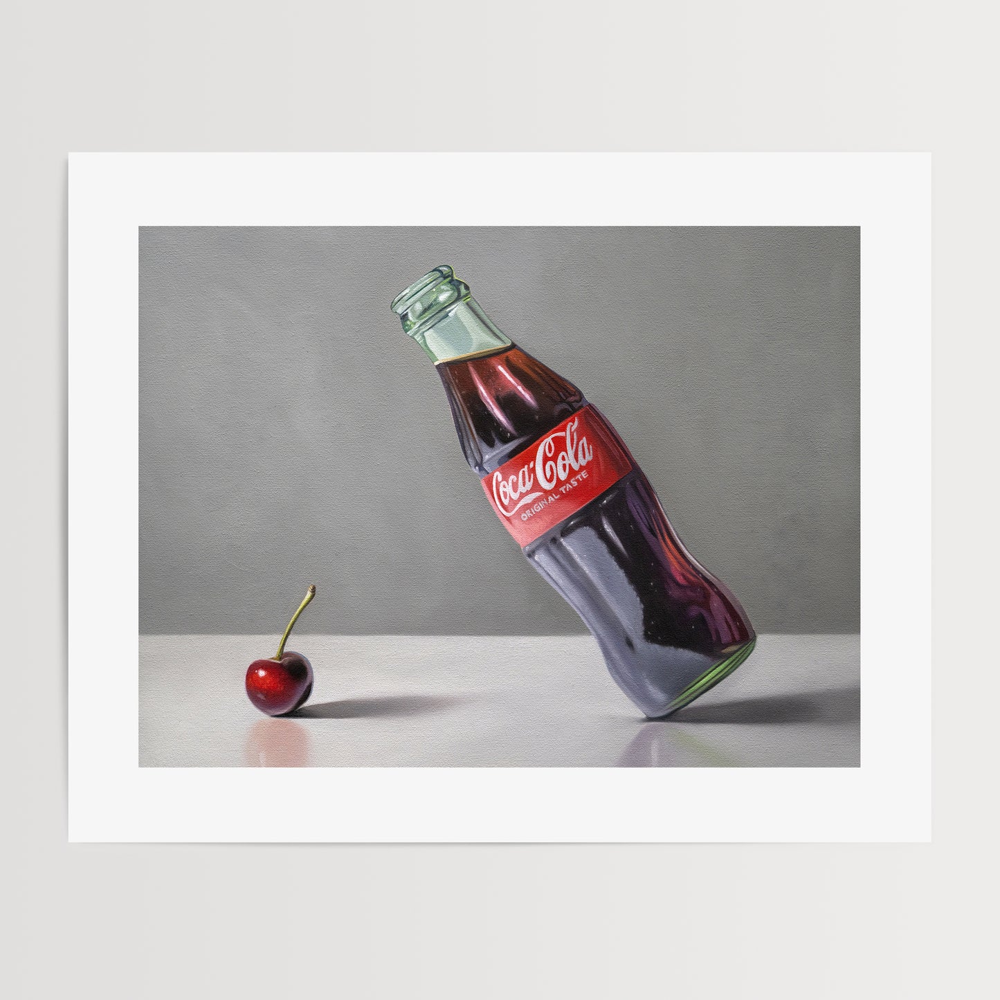This artwork features a single cherry and glass bottle of coke seemingly getting to know one another.