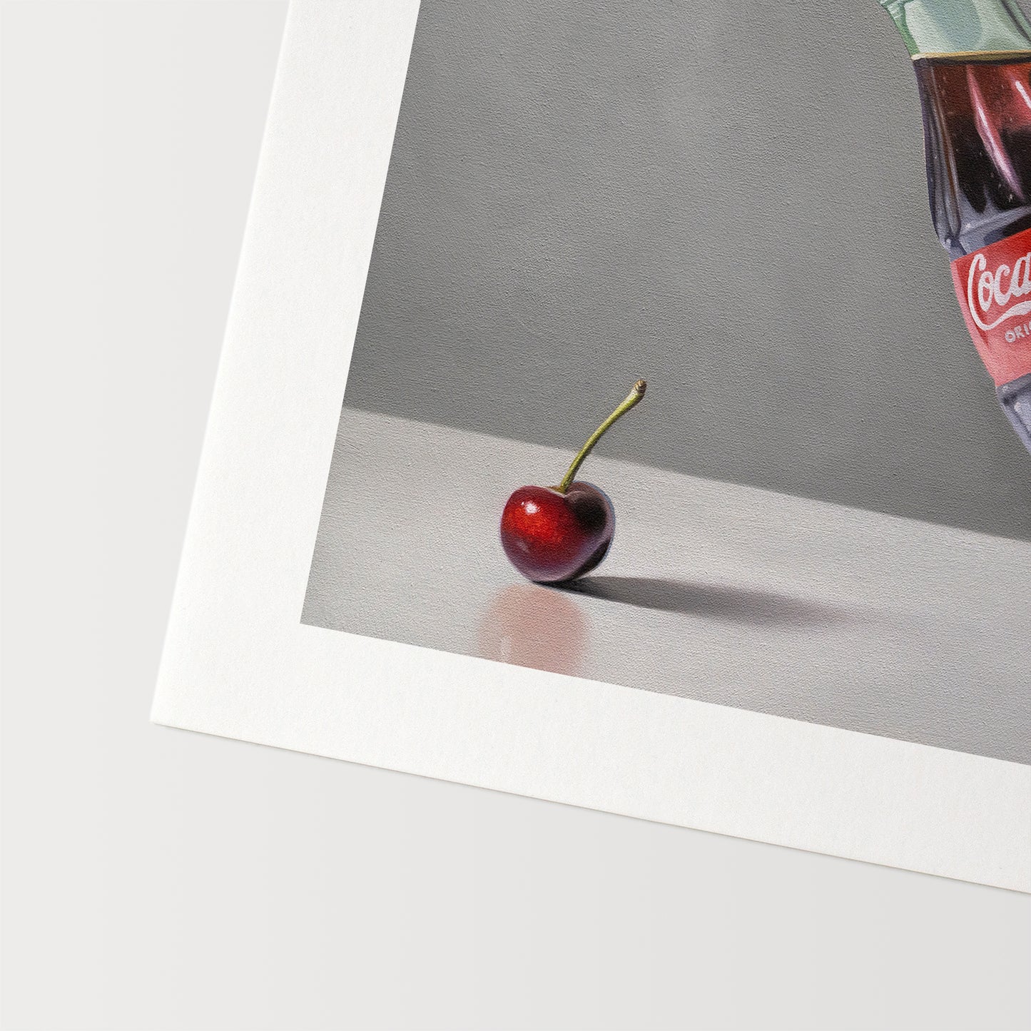 This artwork features a single cherry and glass bottle of coke seemingly getting to know one another.