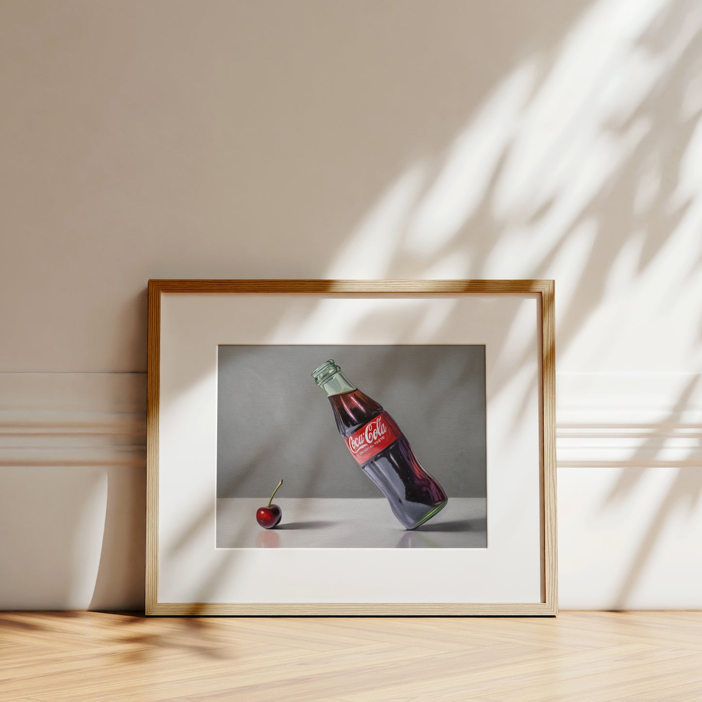 This artwork features a single cherry and glass bottle of coke seemingly getting to know one another.