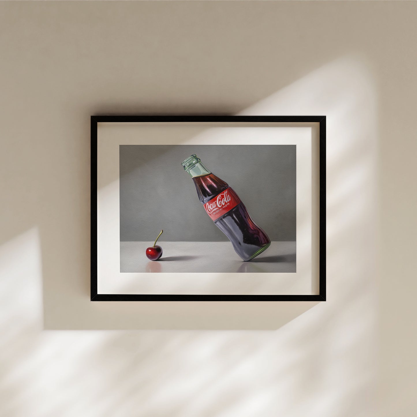 This artwork features a single cherry and glass bottle of coke seemingly getting to know one another.