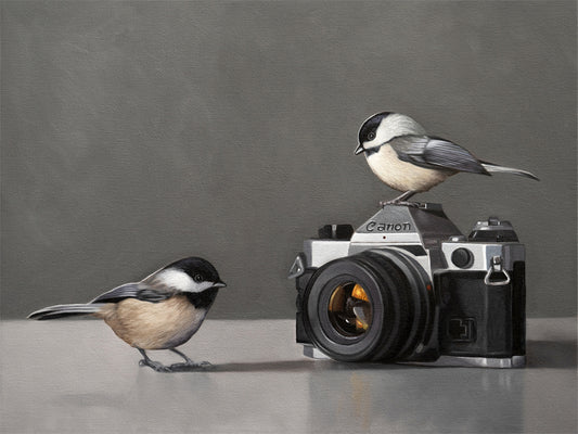 This artwork features a pair of inquisitive Chickadees investigating a vintage 35mm Canon Camera.
