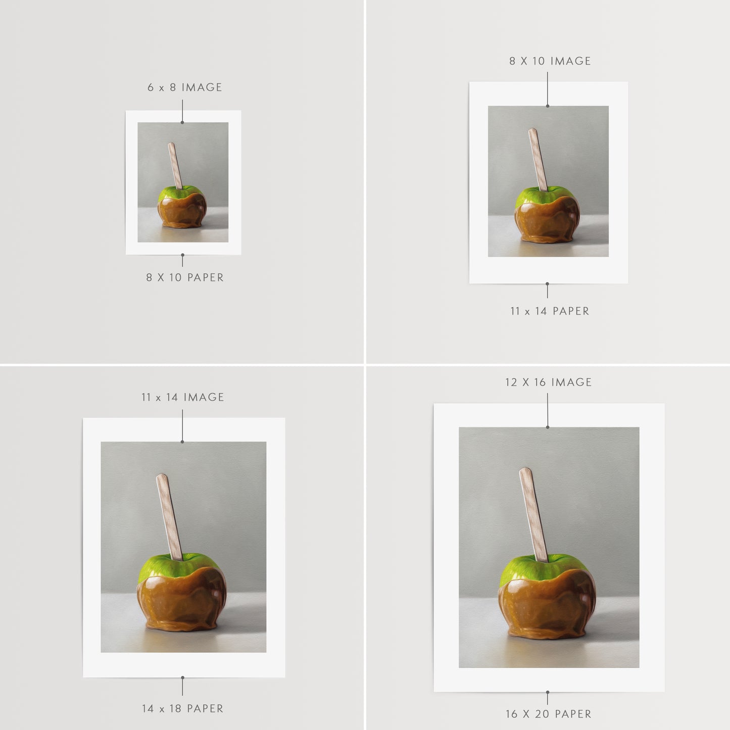 This artwork features a freshly dipped caramel apple resting on a light, reflective surface.