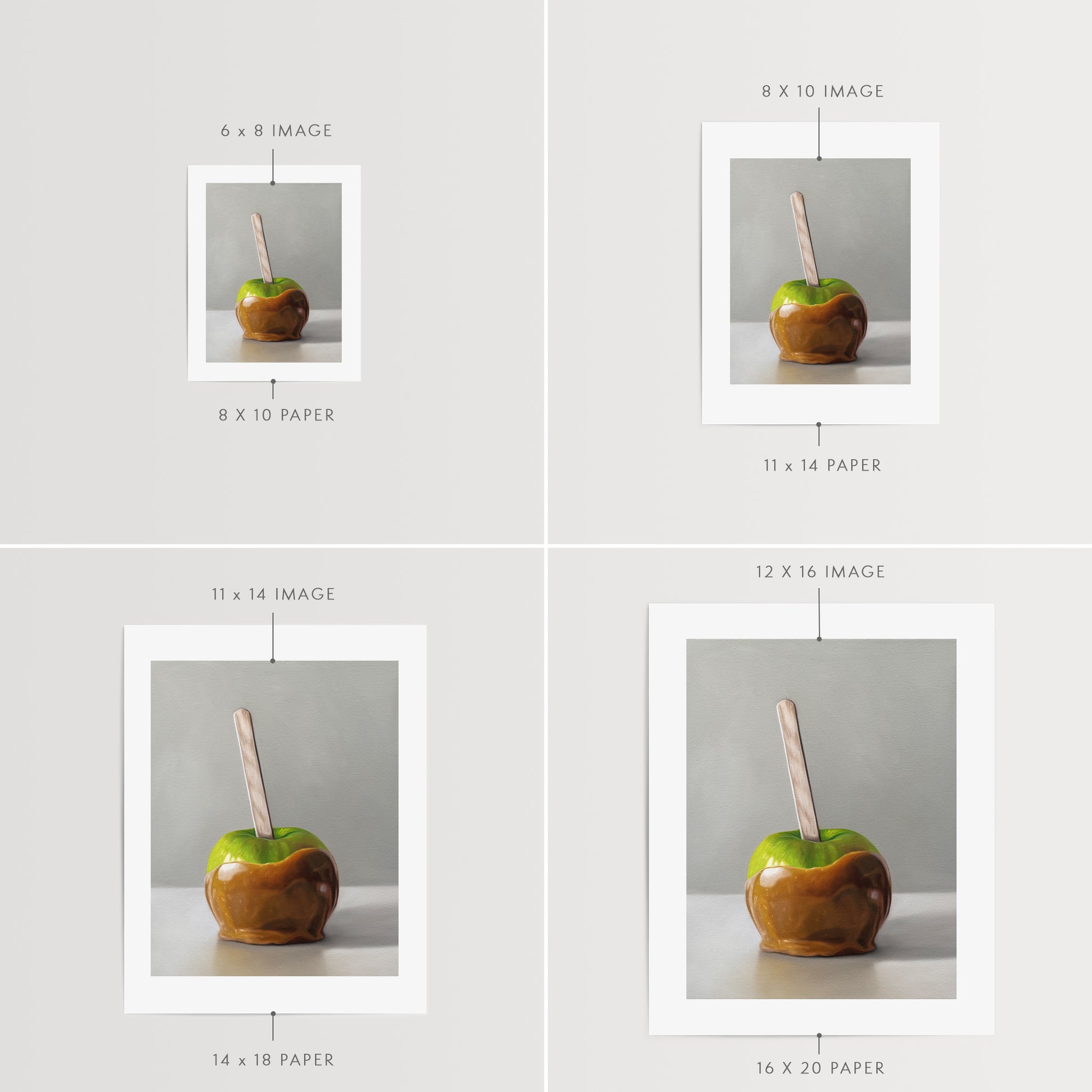 This artwork features a freshly dipped caramel apple resting on a light, reflective surface.
