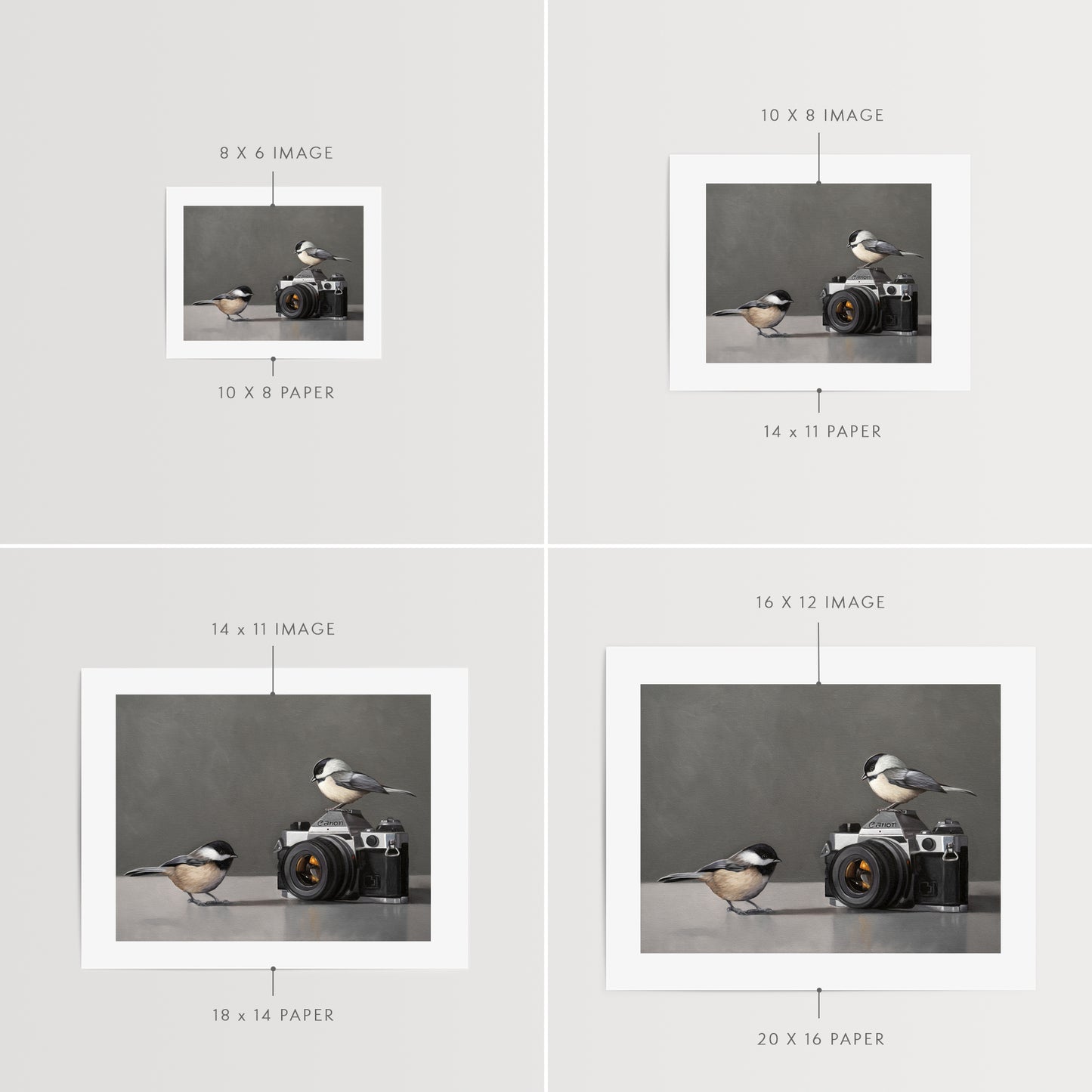 This artwork features a pair of inquisitive Chickadees investigating a vintage 35mm Canon Camera.
