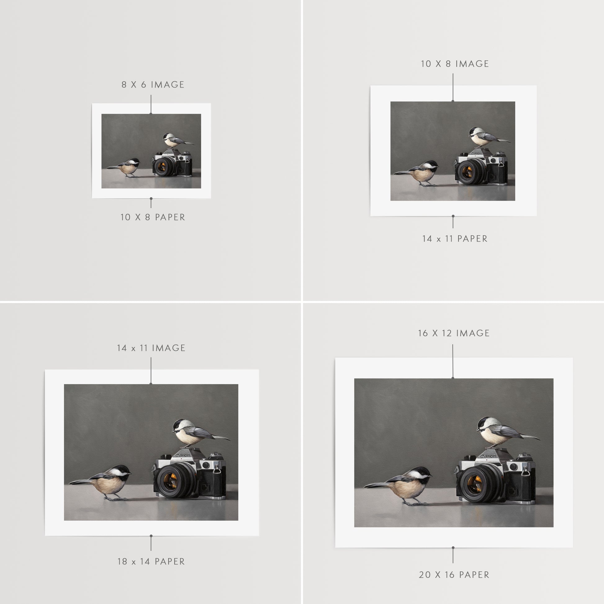 This artwork features a pair of inquisitive Chickadees investigating a vintage 35mm Canon Camera.