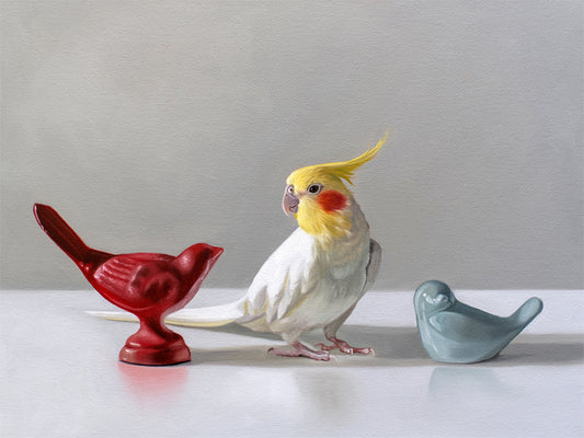 This artwork features a white cockatiel standing in between a red and blue bird figurine on a light, reflective surface with dramatic lighting.