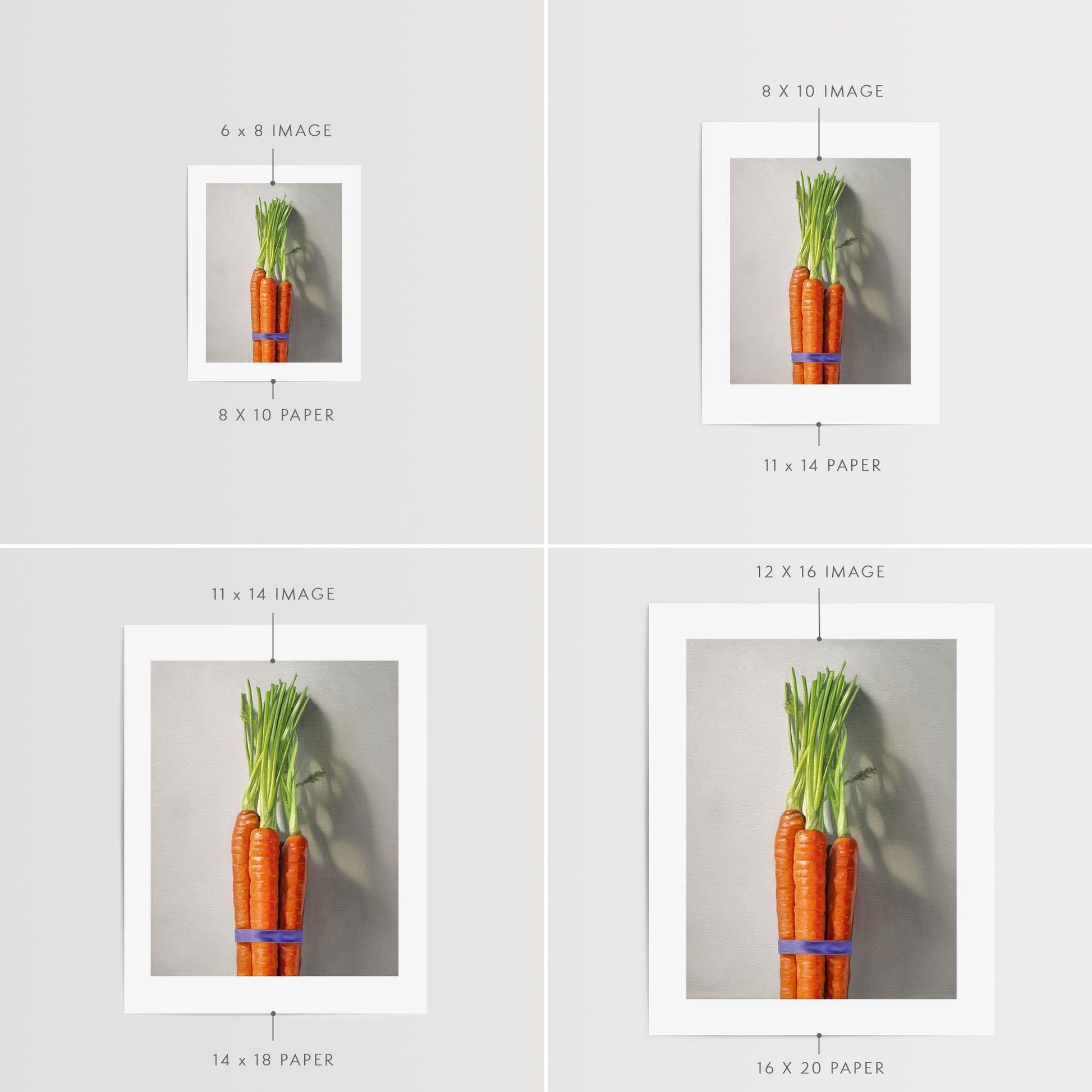 This artwork features a bundle of carrots resting on a neutral grey surface with dramatic side lighting creating interesting cast shadows.