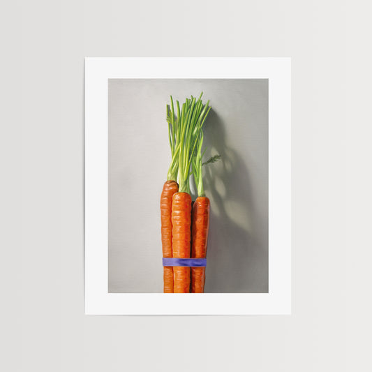 This artwork features a bundle of carrots resting on a neutral grey surface with dramatic side lighting creating interesting cast shadows.