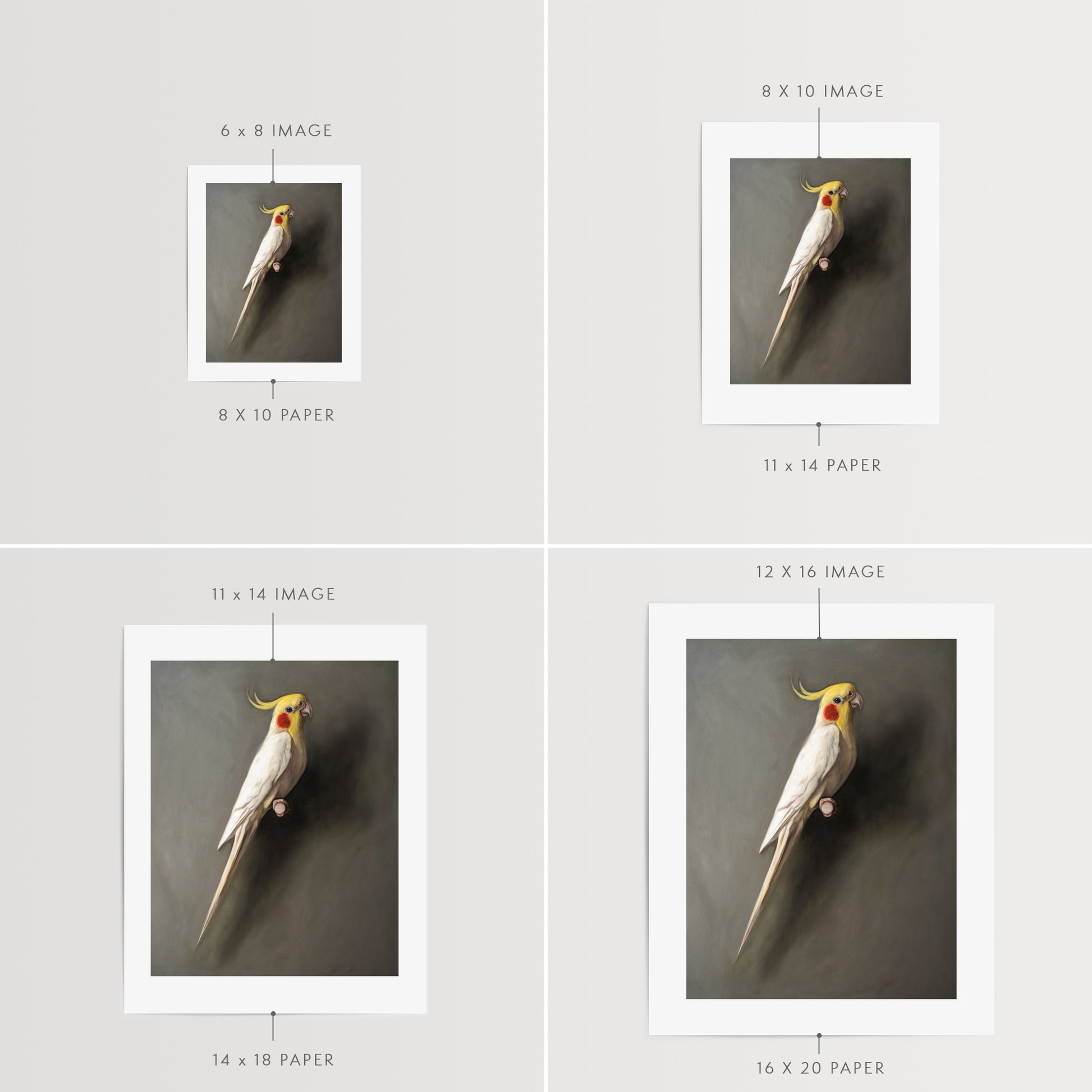 This artwork features a white lutino cockatiel perched adjacent to a dark grey wall with dramatic side lighting.
