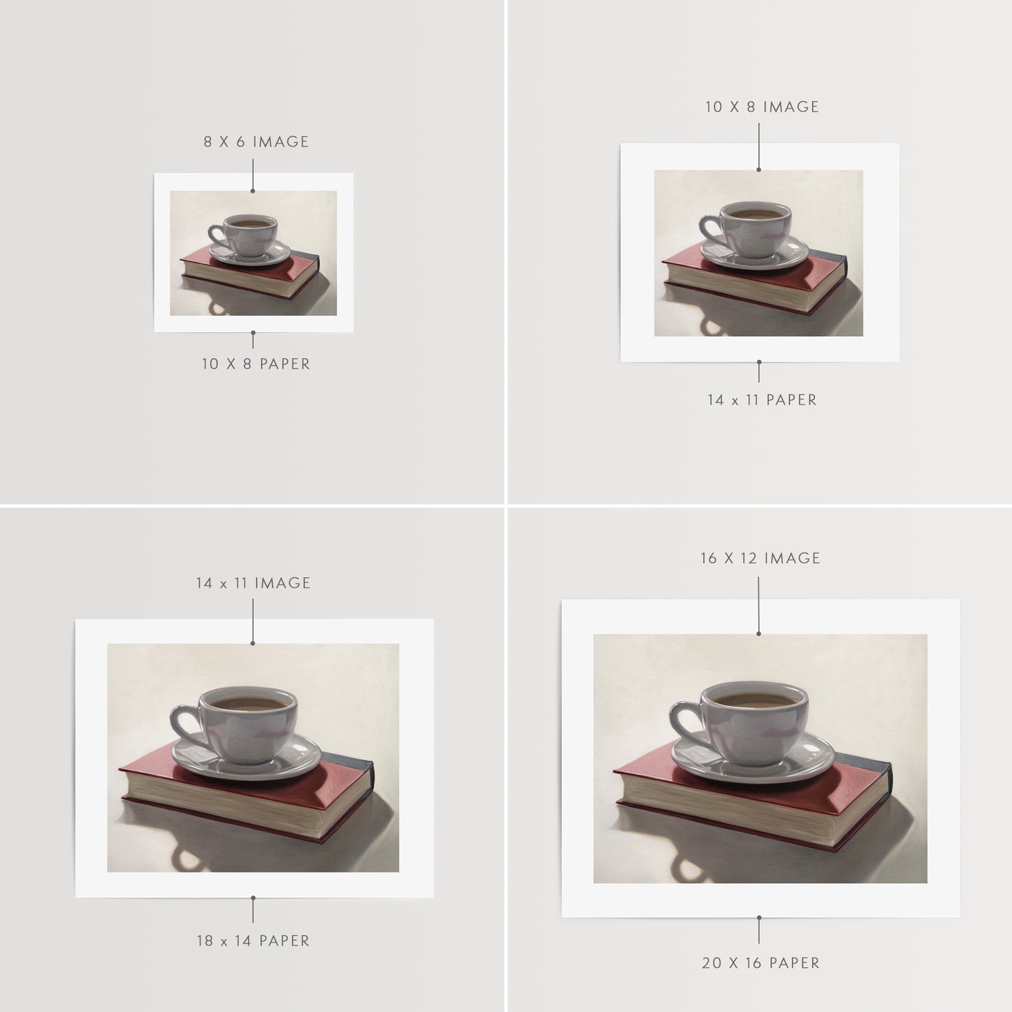 This artwork features a backlit coffee cup and saucer resting on top of a red book.