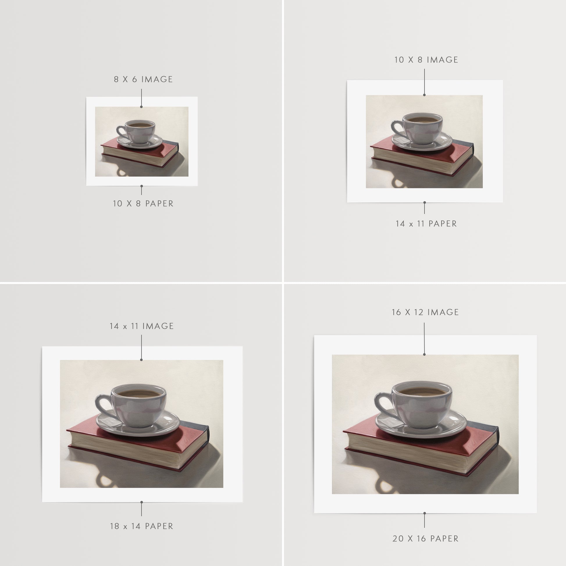 This artwork features a backlit coffee cup and saucer resting on top of a red book.