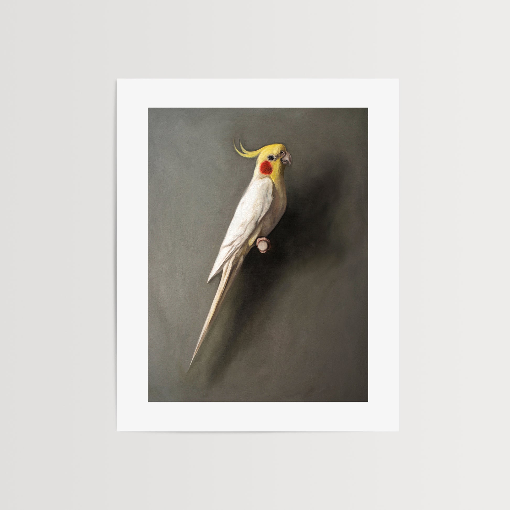 This artwork features a white lutino cockatiel perched adjacent to a dark grey wall with dramatic side lighting.